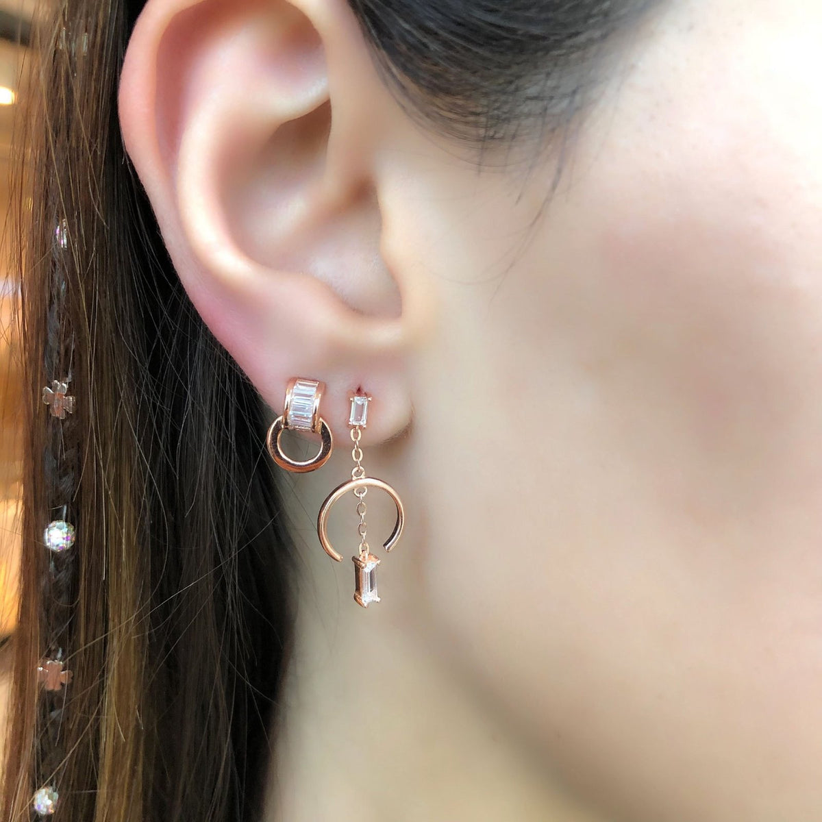 Rose Gold Kaplama Gümüş Baget Zirkon Taşlı Küpe