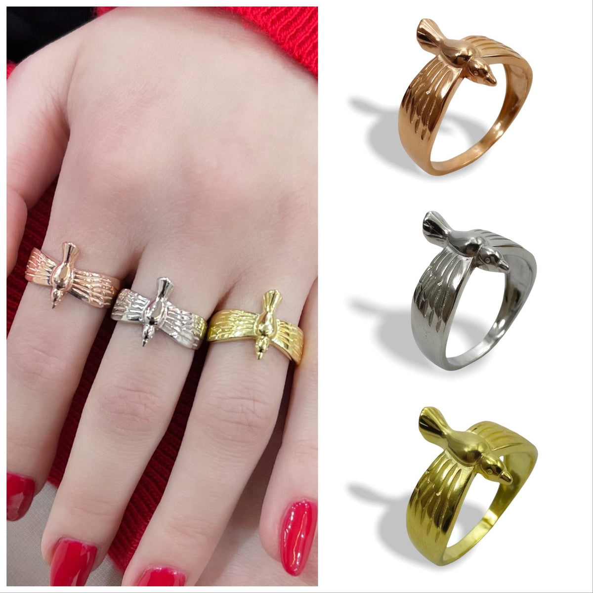 Eşsiz Kanatlı Kuş Tasarım Yüzük: Altın Kaplama Gümüş, Rose Gold Kaplama Gümüş ve Düz Gümüş Seçenekleriyle!
