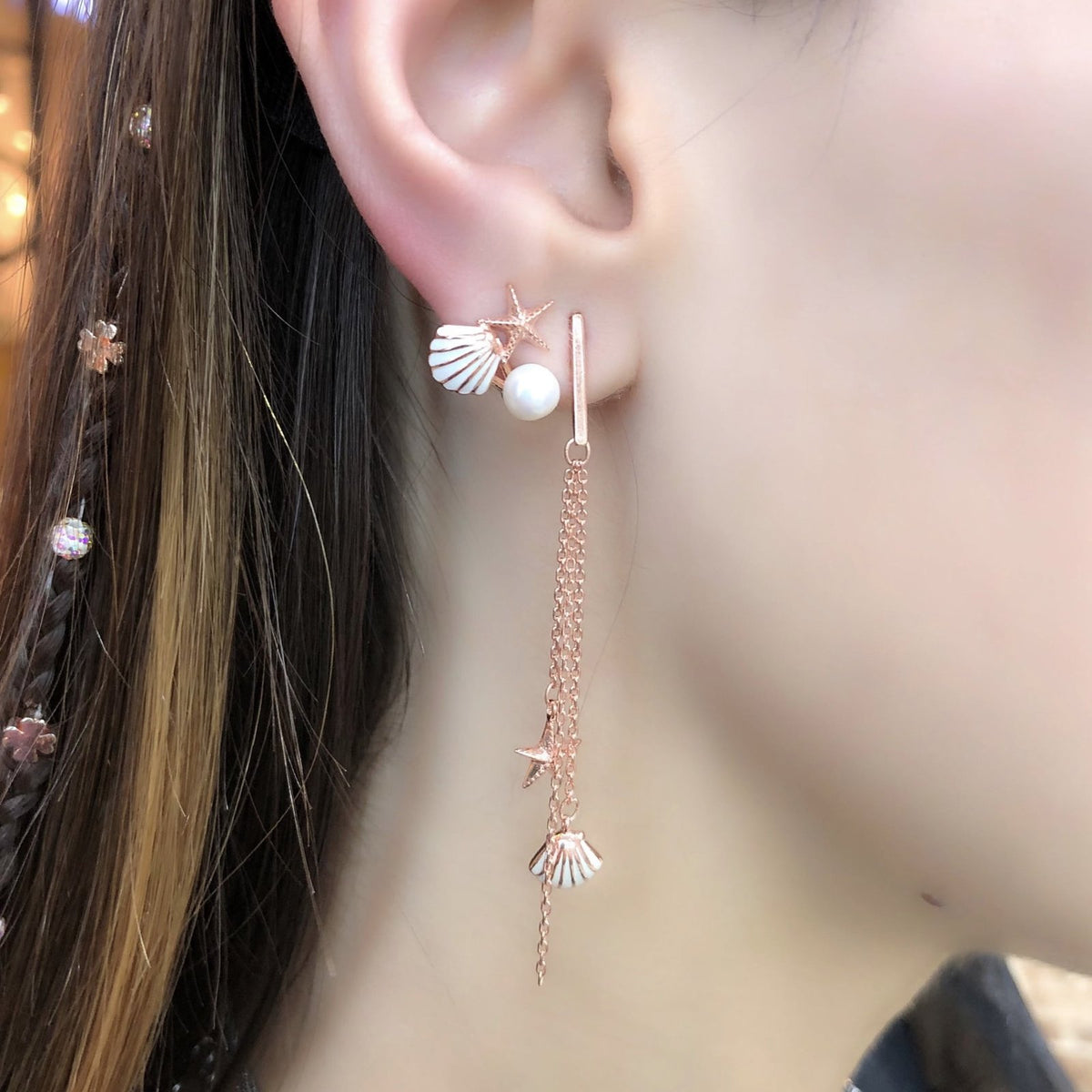 Rose Gold Kaplama Gümüş İncili Zirkonlu Midye Küpe