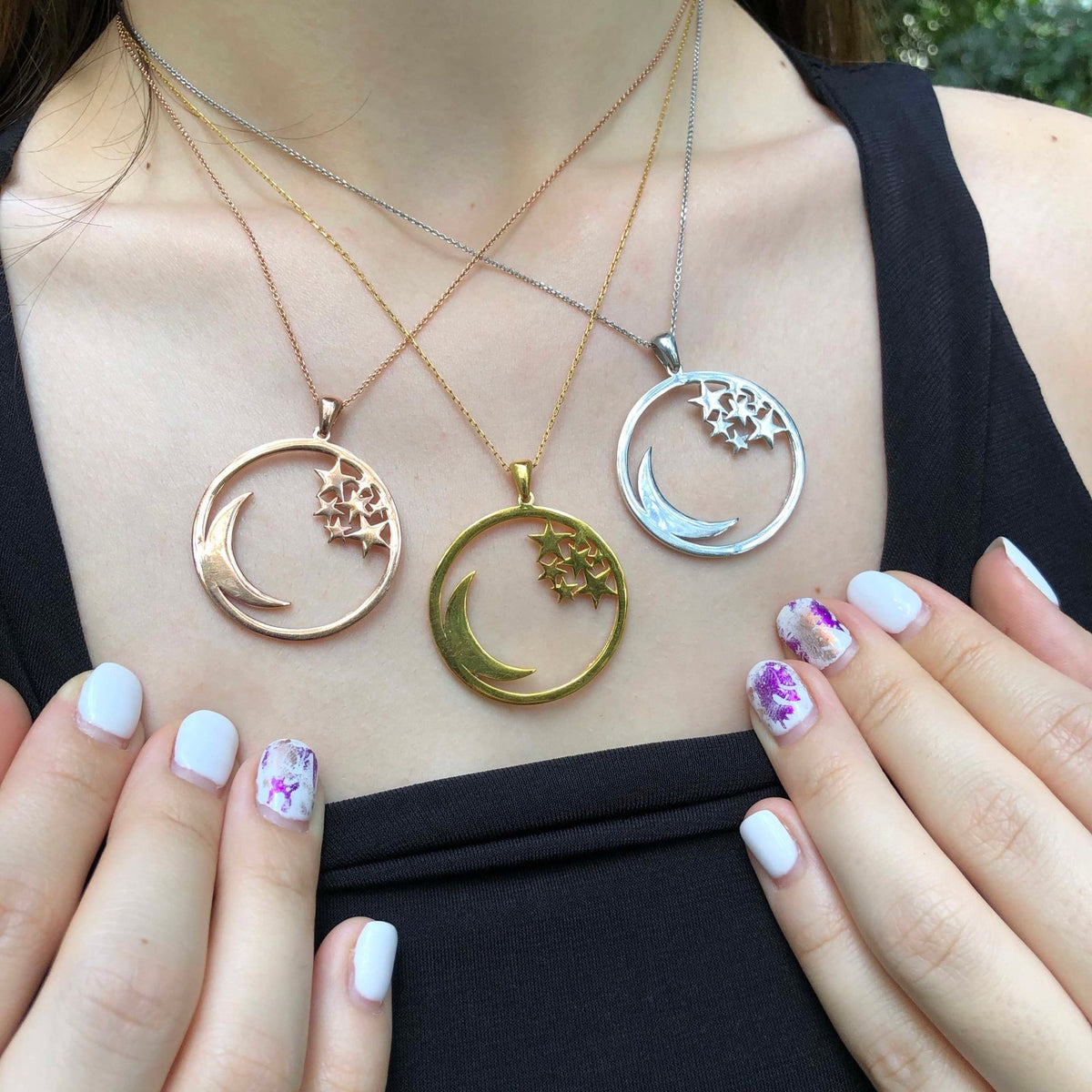 Rose Gold Kaplama Gümüş Ay-Yıldız Gökyüzü Kolye