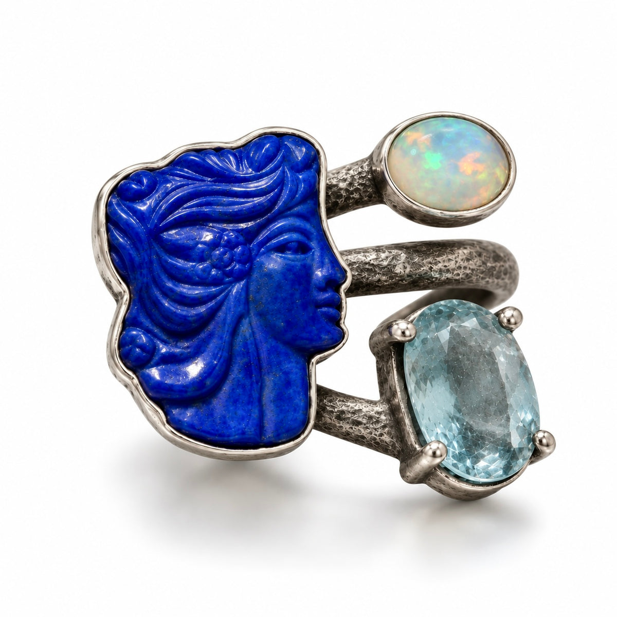 El Oyması Lapis, Opal ve Akuamarin Gümüş Tasarım Yüzük - tek parça tasarım