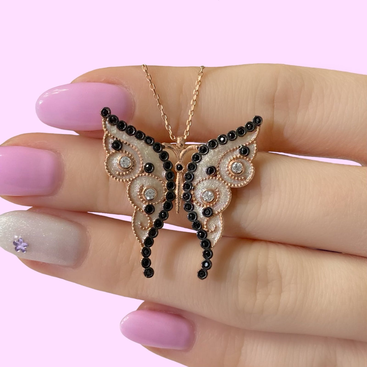 Rose Gold Kaplama Gümüş Zirkon Taşlı Ve Mineli Tasarım Kelebek Kolye