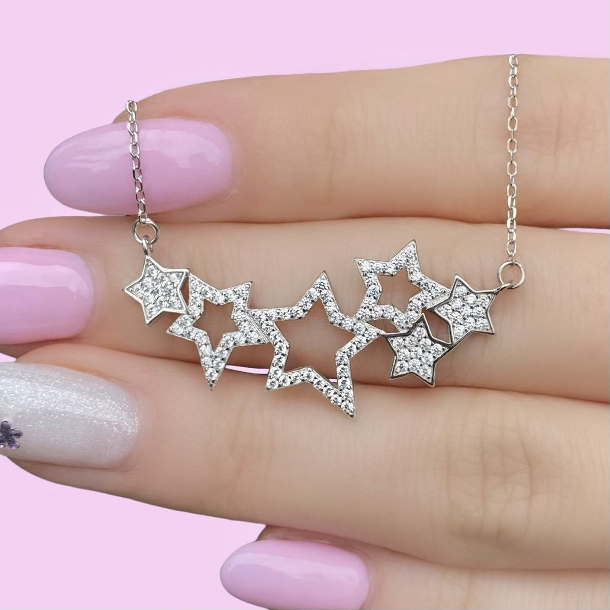Zirkon Taşlı Gümüş Tasarım Çoklu Yıldız Kolye