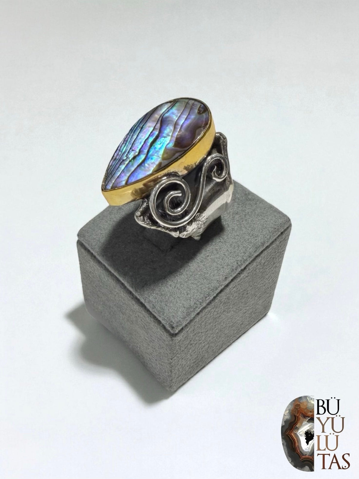 Abalone Taşlı Altın Çerçeveli Tasarım Gümüş Yüzük