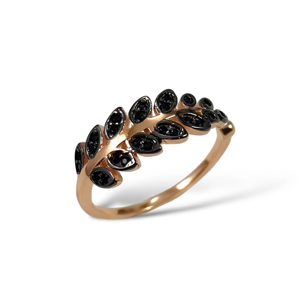 Yapraklı Dal Şeklinde Rose Gold Kaplama Siyah Zirkon Taşlı Ayarlanabilir Yüzük