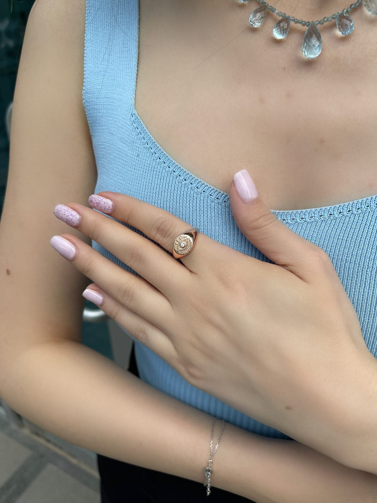 Antik Görünümlü Rose Gold Kaplama Gümüş Zirkon Taşlı Göz Yüzük