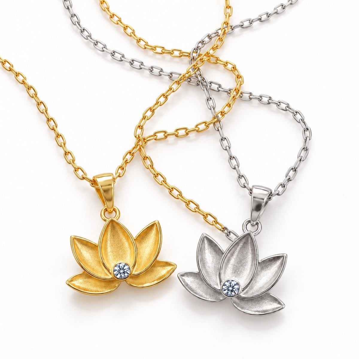 Lotus çiçeği zirkon taşlı kolye altın ve gümüş renk kapak