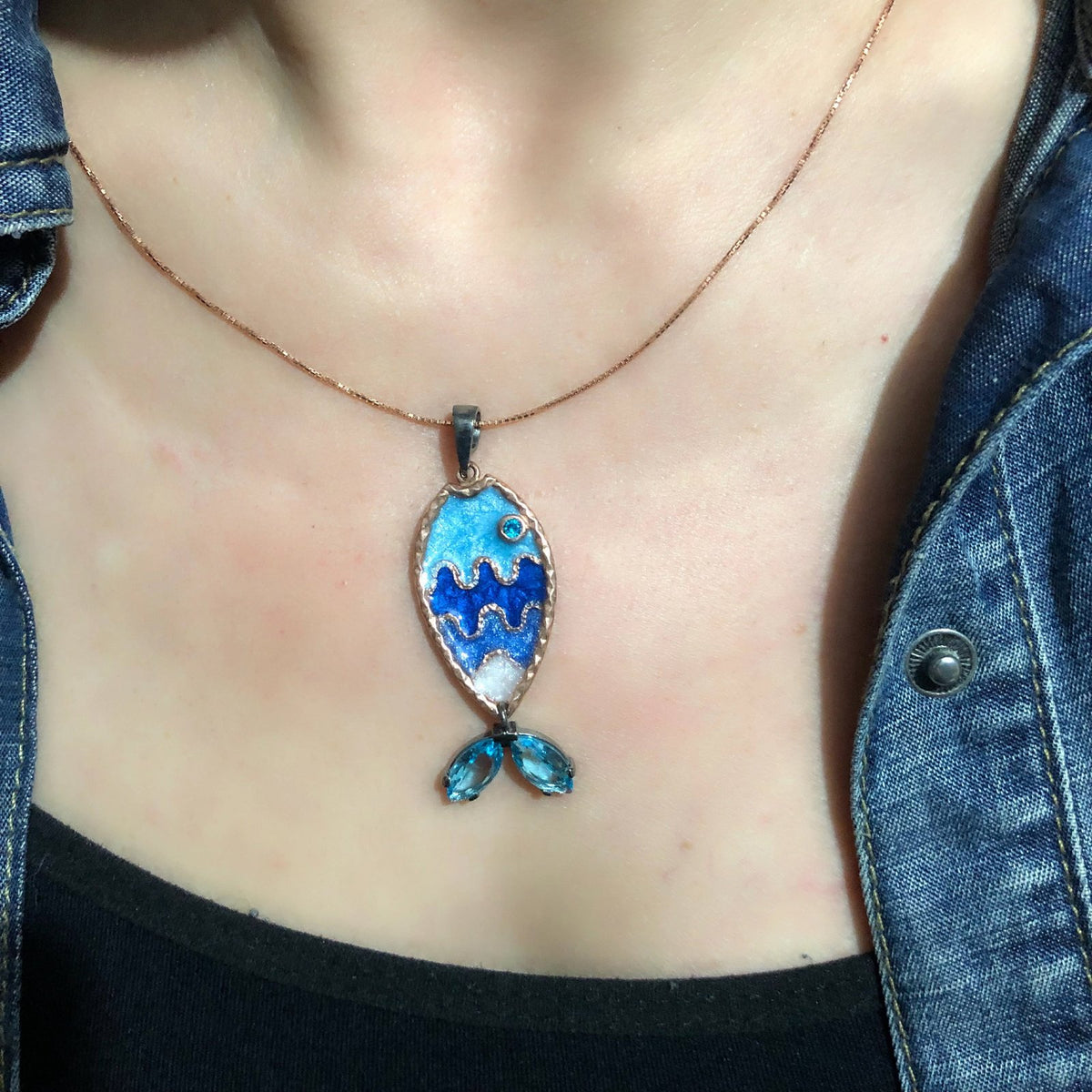 Rose Gold Kaplama Gümüş Üzeri Mineli Balık Kolye Ucu