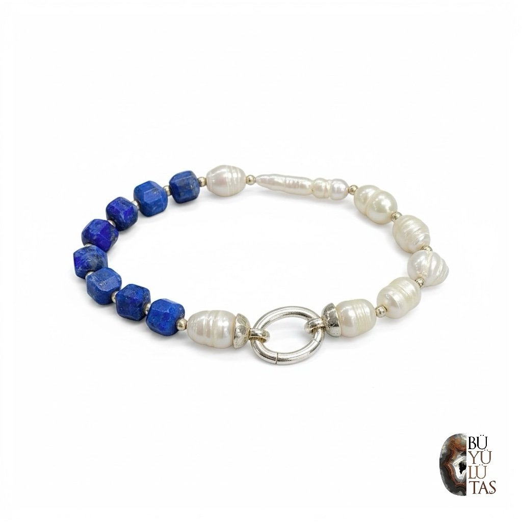 Lapis Lazuli ve Doğal İnci Tasarım Gümüş Bileklik – Özel Halka Kilitli Model