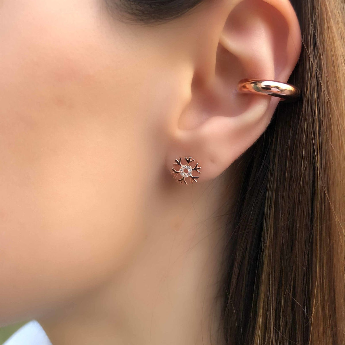 Rose Gold Kaplama Gümüş Geyik Kar Tanesi Küpe