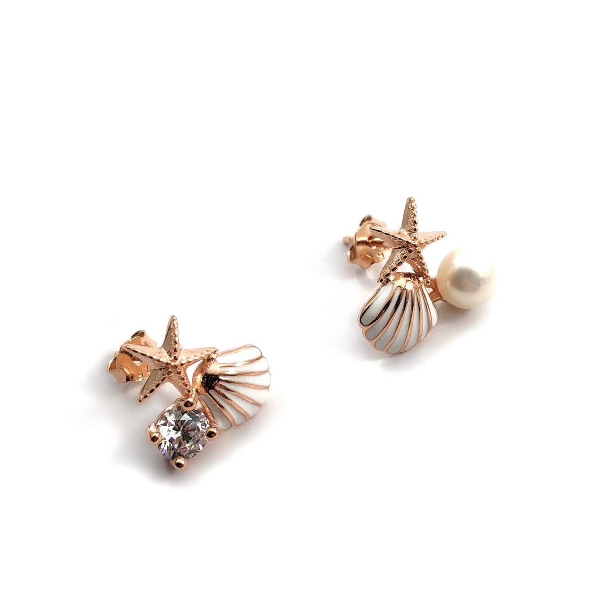 Rose Gold Kaplama Gümüş İncili Zirkonlu Midye Küpe