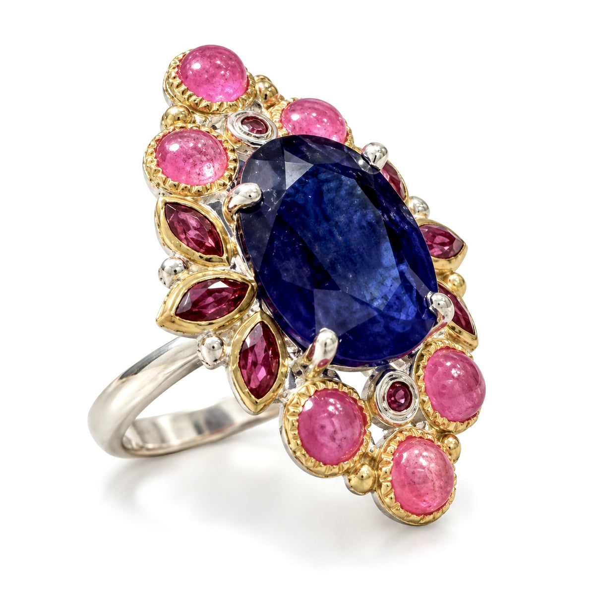 Safir, rodolit garnet ve yakut taşlı 925 ayar gümüş tasarım yüzük