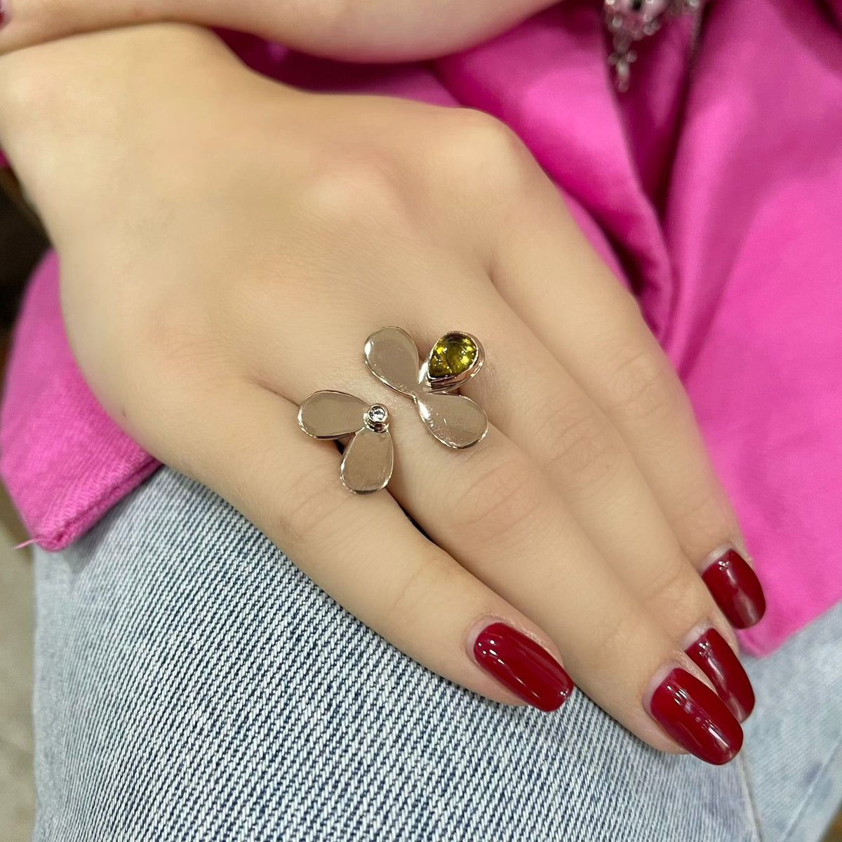 Rose Gold Kaplama Gümüş Tasarım Turmalin Taşlı Yonca Yüzük