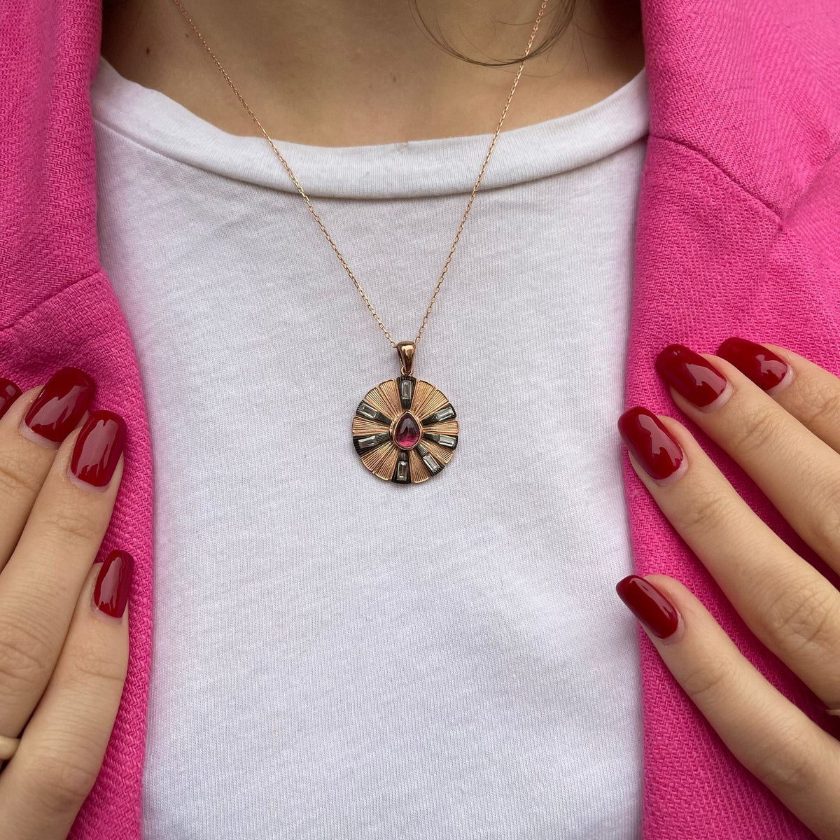 Rose Gold Kaplama Gümüş Pembe Turmalin Tasarım Kolye