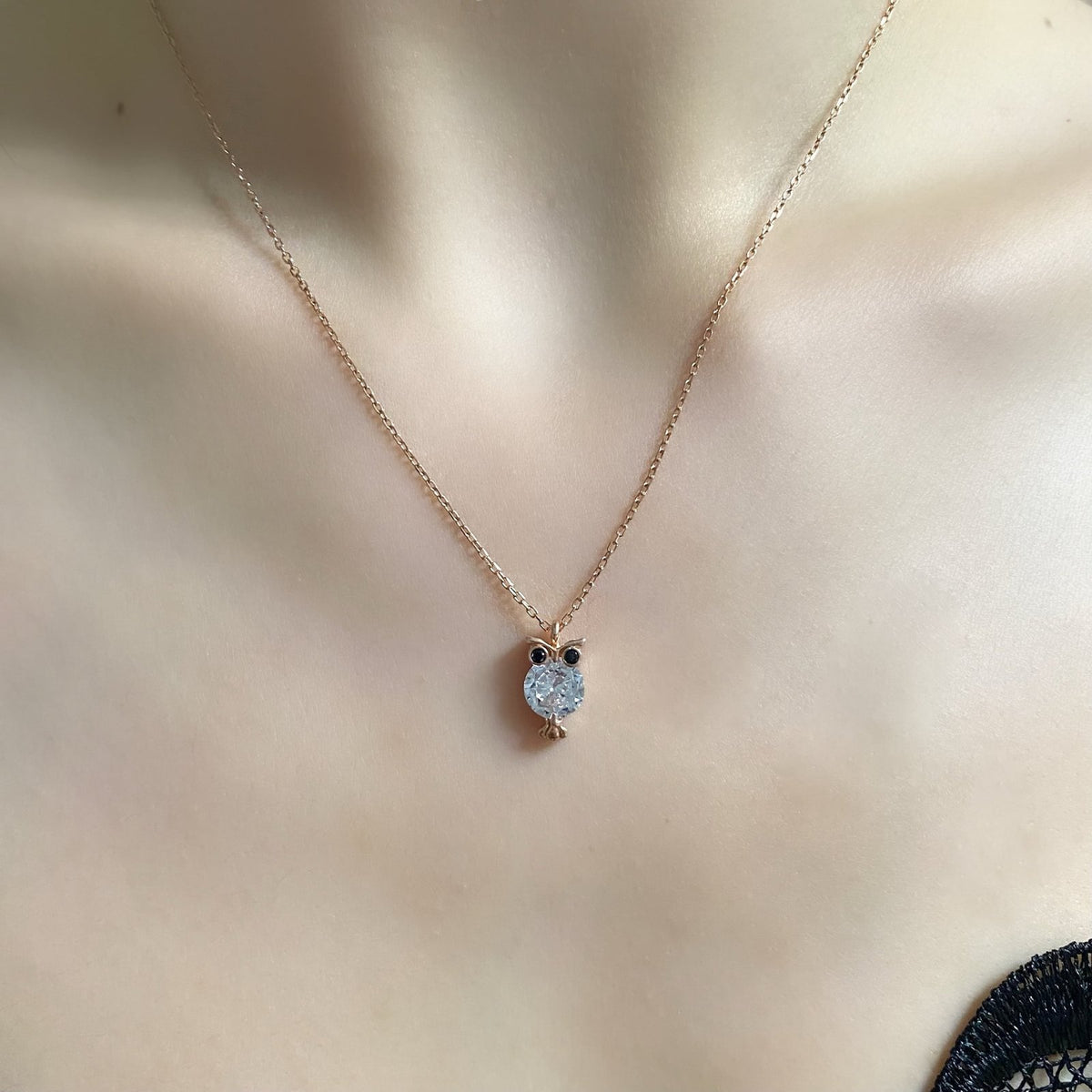 Minimal Rose Gold Kaplama Gümüş Zirkon Taşlı Modern Baykuş Kolye