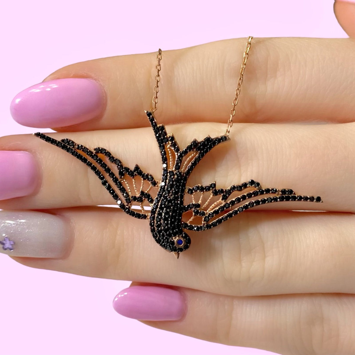 Rose Gold Kaplama Gümüş Tasarım Siyah Zirkon Taşlı Kırlangıç Kolye
