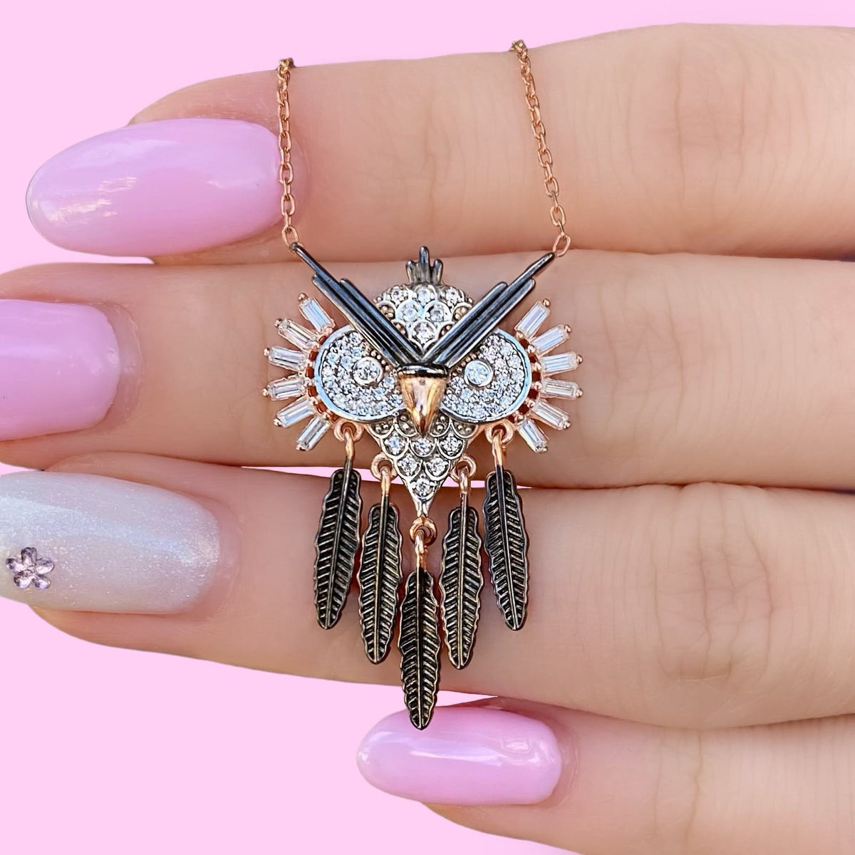 Tasarım Rose Gold Kaplama Ve Oksitli Gümüş Detaylı Baykuş Kolye