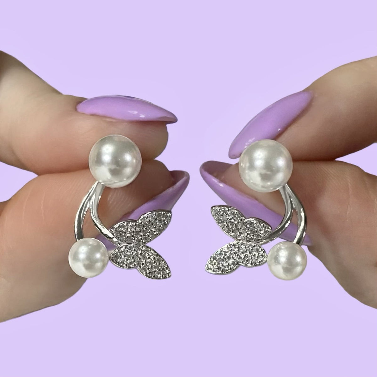 Arkalı Önlü Takılabilen İncili Zirkon Taşlı Gümüş Kelebek Küpe