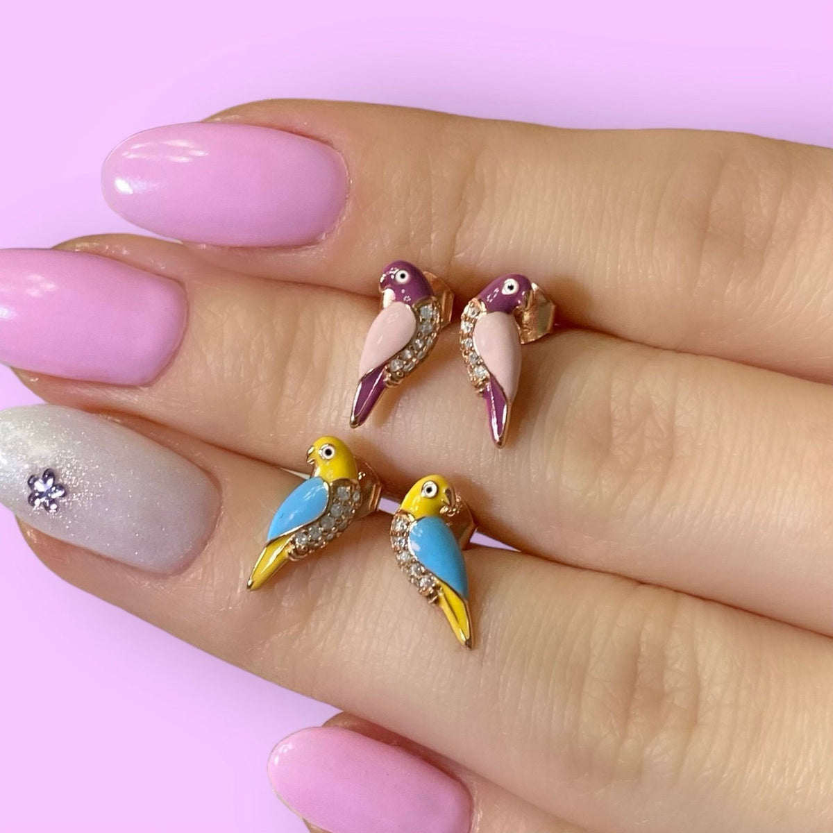 Rose Gold Kaplama Gümüş Mineli Minimal Zirkon Taşlı Papağan Küpe