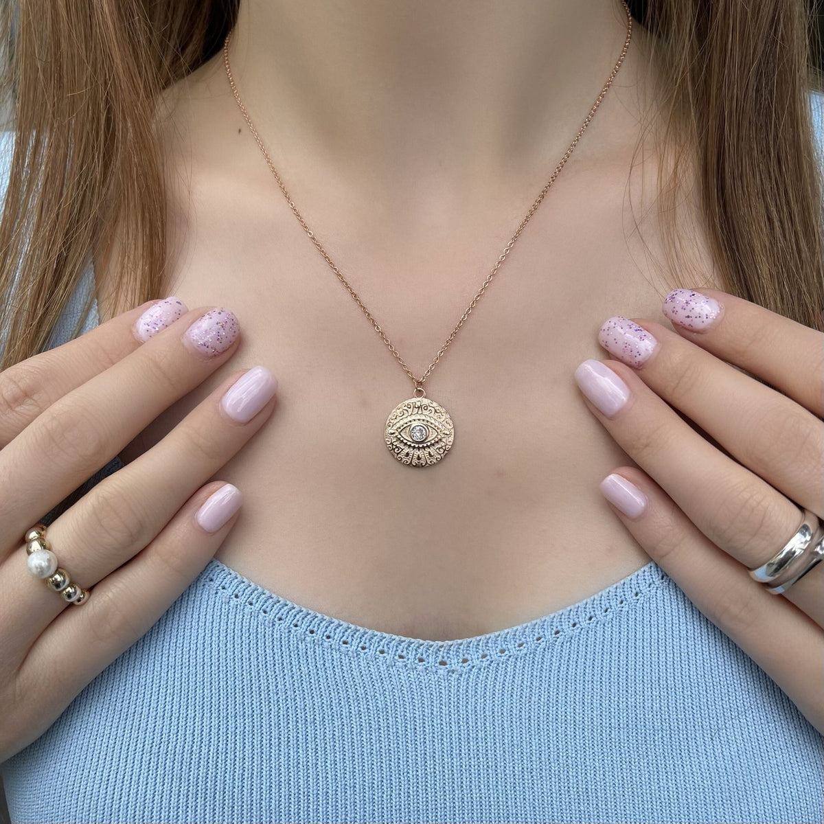 Rose Gold Kaplama Gümüş Zirkon Taşlı Antik Göz Kolye