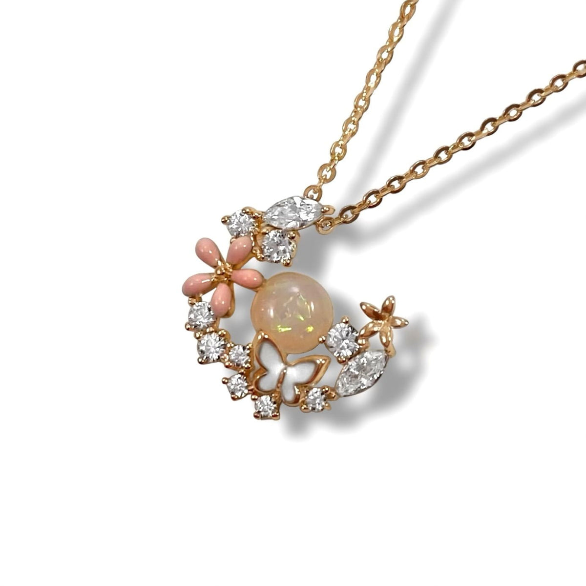 Zarif Çiçek Temalı Hilal Kolye - Rose Gold Kaplama Gümüş, Opal ve Zirkon Taşlı | Pembe Beyaz Mine ile Renklendirilmiş