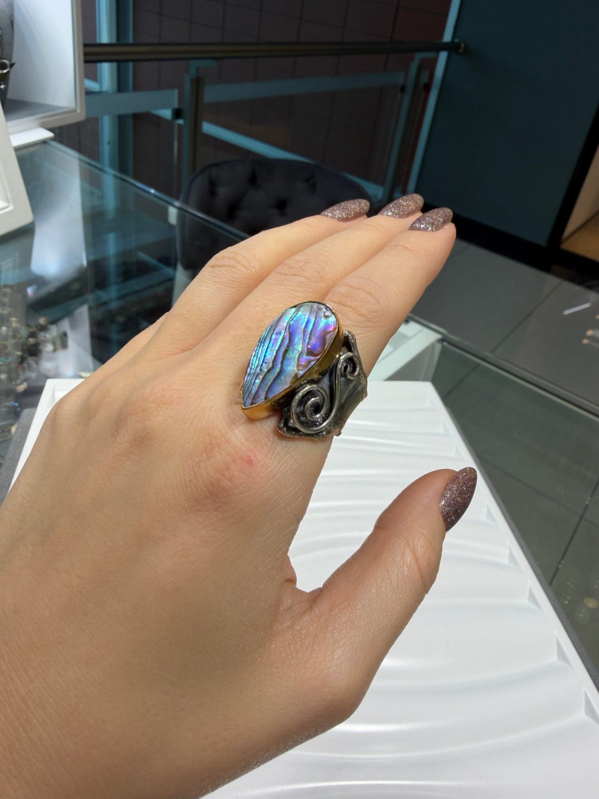 Abalone Taşlı Altın Çerçeveli Tasarım Gümüş Yüzük