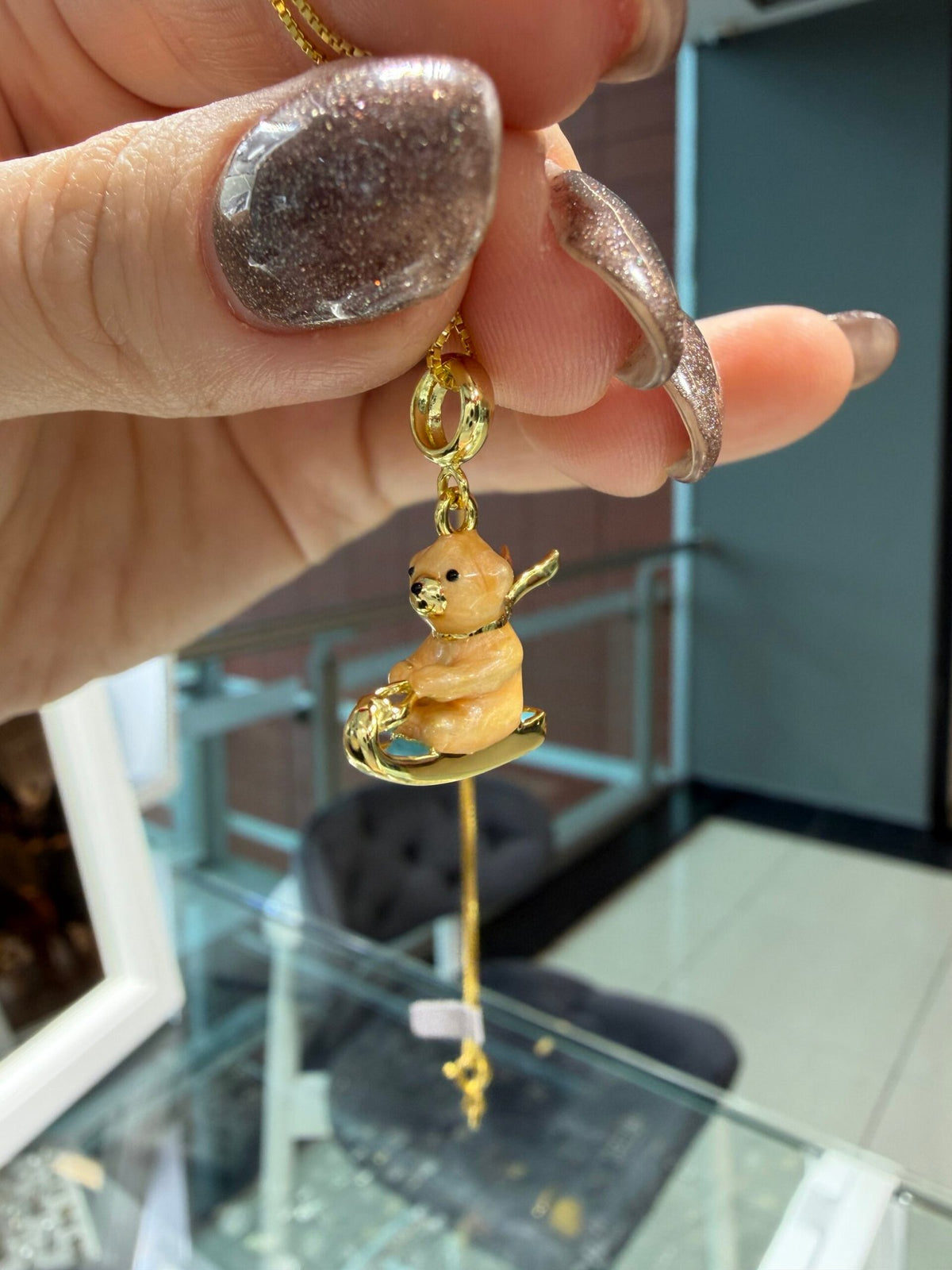 Tasarım Ayıcık Kayak Charm – Mineli, Altın Kaplama Gümüş Kolye Ucu