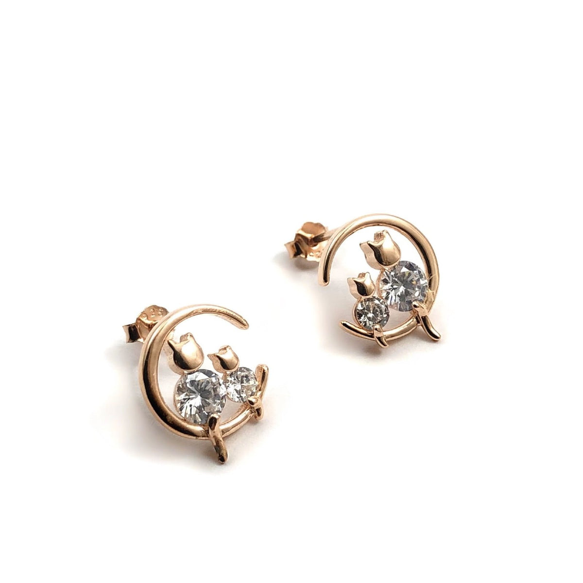 Rose Gold Kaplama Gümüş Zirkon Taşlı Kedili Küpe