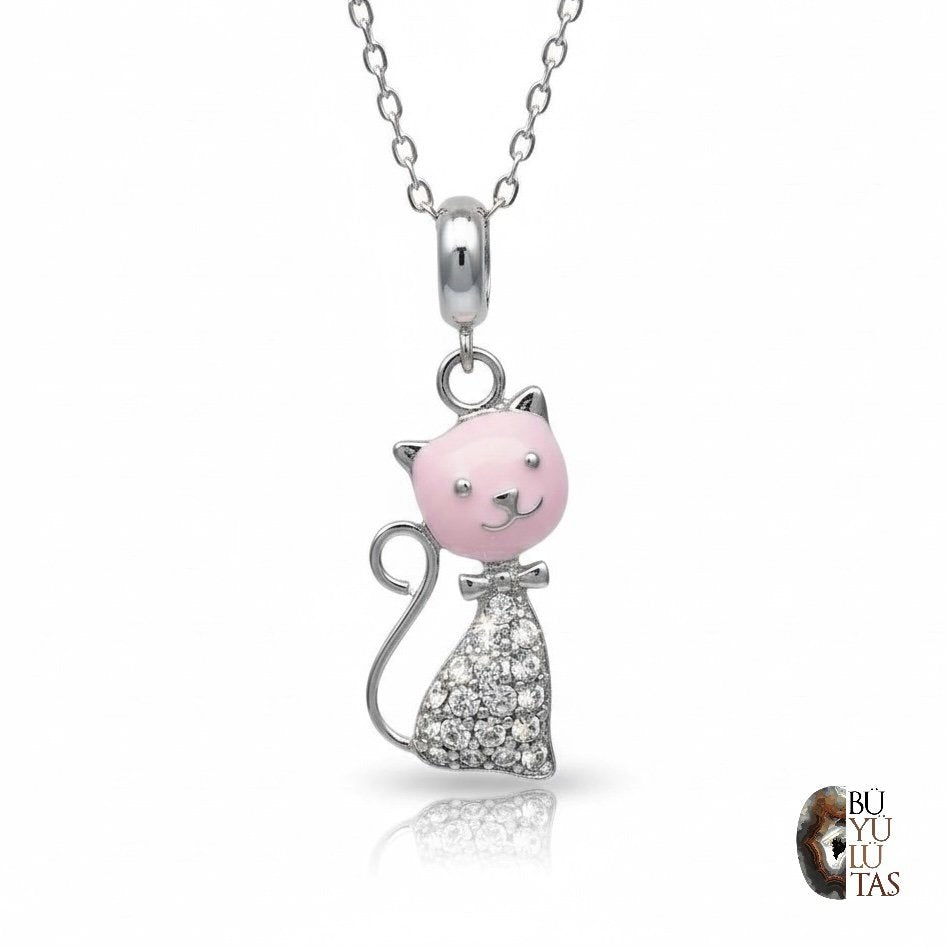 Pembe Mineli &amp; Zirkon Taşlı Tasarım Kedi Kolye