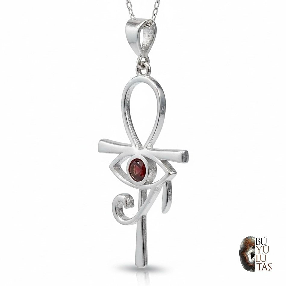 Ankh ve Horus’un Gözü Sembollü Kırmızı Taşlı 925 Ayar Gümüş Kolye