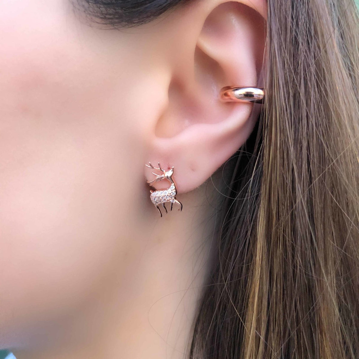 Rose Gold Kaplama Gümüş Geyik Kar Tanesi Küpe